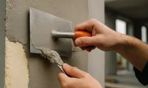 Nakładanie tynku na piankę montażową. Ręce trzymają kielnię i pacę, rozprowadzając zaprawę.