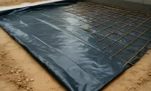 Ciemna folia pod chudziak rozłożona na piasku, z siatką zbrojeniową przygotowaną do zalania betonem.