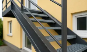 Szara, metalowa klatka schodowa z poręczą na tle żółtego budynku.