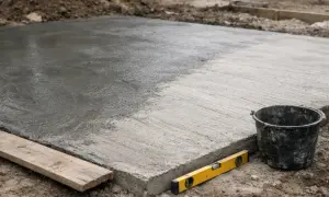 Świeżo wylany beton na placu budowy, obok wiadro, poziomica i deska.