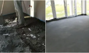Praca z suchą zaprawą cementową na budowie. Po lewej widać proces rozkładania materiału, po prawej gotową, równą posadzkę.