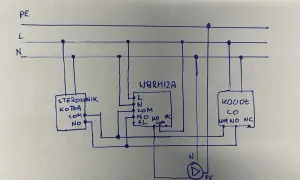 Schemat podłączenia pompy CO do sterownika WBRM12A. Widoczny sterownik kotła, moduł WBRM12A i kocioł.