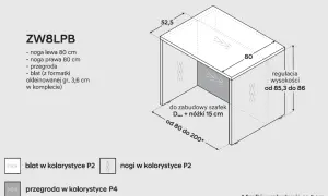 Wizualizacja wyspy w kuchni z wymiarami: blat 80 cm, wysokość regulowana 85,3-86 cm. Idealna do zabudowy szafek.