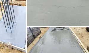 Na ławach fundamentowych widać świeży beton z prętami zbrojeniowymi oraz drobne rysy skurczowe na powierzchni.