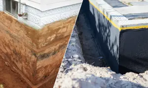 Przed i po: stara, wilgotna ściana fundamentowa obok nowej, zabezpieczonej folią fundamentową.
