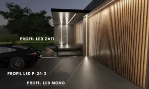Nowoczesna elewacja z drewnianymi panelami i liniowym oświetleniem LED. Zastanawiasz się, co ile halogeny w podbitce? Tutaj zobaczysz, jak efektownie można oświetlić wejście.