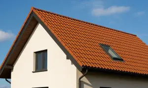 Niesymetryczny dach dwuspadowy z dachówką ceramiczną i oknem połaciowym.