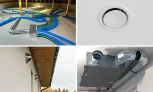 System wentylacji mechanicznej z rekuperatorem, widoczne przewody, skrzynka rozdzielcza i anemostaty na suficie i ścianie zewnętrznej.