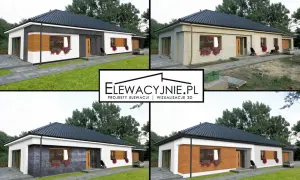 Cztery wizualizacje domu z grafitowym dachem i oknami w kolorze złoty dąb. Różne propozycje elewacji: biała z drewnem, jasny tynk, ciemny kamień, drewniana.
