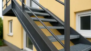 Szara, metalowa klatka schodowa z poręczą na tle żółtego budynku.