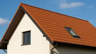 Niesymetryczny dach dwuspadowy z dachówką ceramiczną i oknem połaciowym.