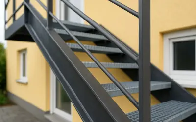 Szara, metalowa klatka schodowa z poręczą na tle żółtego budynku.