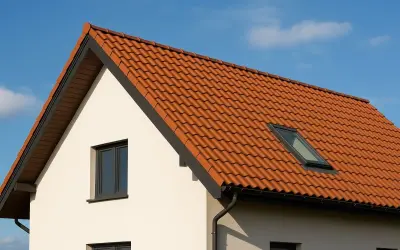 Niesymetryczny dach dwuspadowy z dachówką ceramiczną i oknem połaciowym.