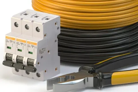 Wyłączniki nadprądowe, zwój żółtego i czarnego kabla oraz kombinerki. Idealne do instalacji, jaki kabel od skrzynki do domu 14kW?