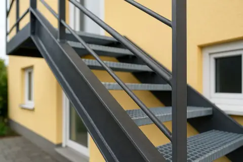 Szara, metalowa klatka schodowa z poręczą na tle żółtego budynku.