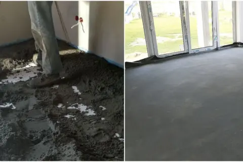 Praca z suchą zaprawą cementową na budowie. Po lewej widać proces rozkładania materiału, po prawej gotową, równą posadzkę.