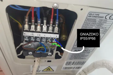 Podłączenie elektryczne klimatyzacji. Widoczne zaciski śrubowe z przewodami fazowymi (L), neutralnym (N) i uziemiającym (zielono-żółty). Gniazdko IP55/IP66.