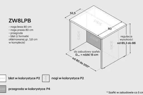 Wizualizacja wyspy w kuchni z wymiarami: blat 80 cm, wysokość regulowana 85,3-86 cm. Idealna do zabudowy szafek.