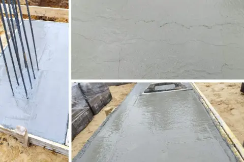 Na ławach fundamentowych widać świeży beton z prętami zbrojeniowymi oraz drobne rysy skurczowe na powierzchni.