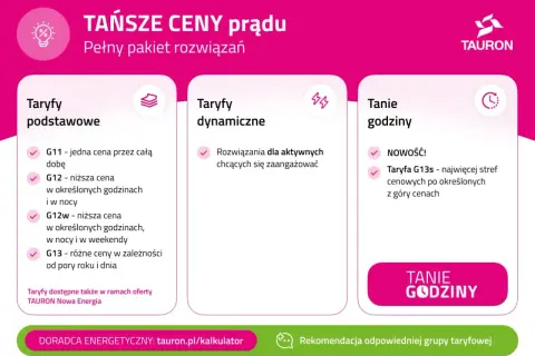 Tauron oferuje różne taryfy prądu: podstawowe (G11, G12, G12w, G13), dynamiczne i tanie godziny (G13s).