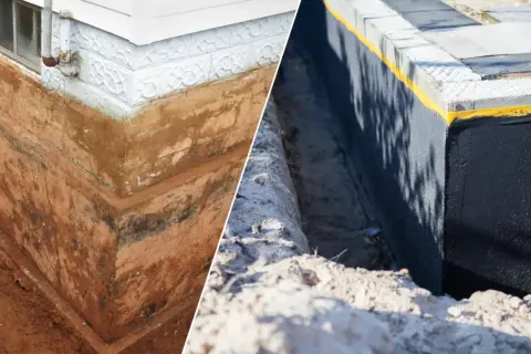 Przed i po: stara, wilgotna ściana fundamentowa obok nowej, zabezpieczonej folią fundamentową.