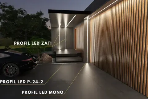 Nowoczesna elewacja z drewnianymi panelami i liniowym oświetleniem LED. Zastanawiasz się, co ile halogeny w podbitce? Tutaj zobaczysz, jak efektownie można oświetlić wejście.