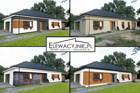 Cztery wizualizacje domu z grafitowym dachem i oknami w kolorze złoty dąb. Różne propozycje elewacji: biała z drewnem, jasny tynk, ciemny kamień, drewniana.