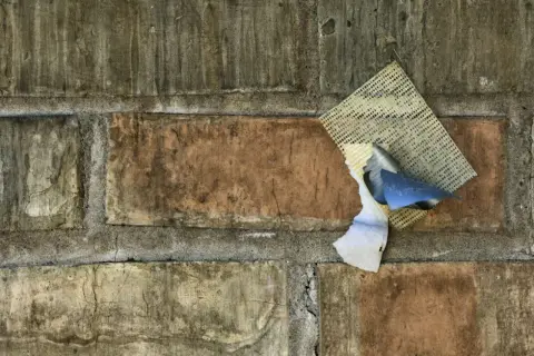 Stara ceglana ściana z fragmentami tynku i siatki. Ciekawi mnie, ile schnie cement, gdy tak się rozpada.