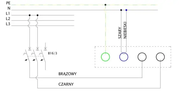 Schemat podłączenia płyty indukcyjnej: przewody PE, N, L1, L2, L3, bezpieczniki B16/3, brązowy, czarny, szary, niebieski.