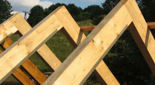 Drewniane krokwie tworzą solidne połączenie z płatwią, budując konstrukcję dachu na tle zieleni i błękitnego nieba.