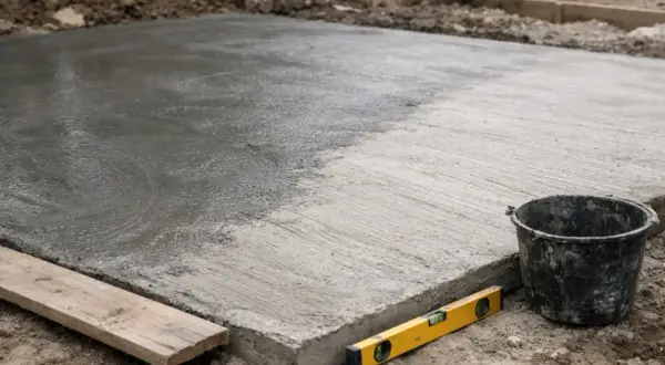 Świeżo wylany beton na placu budowy, obok wiadro, poziomica i deska.