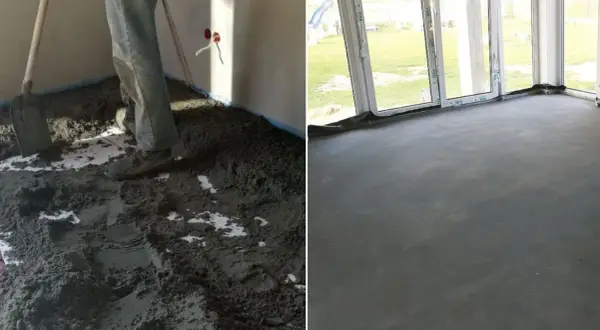 Praca z suchą zaprawą cementową na budowie. Po lewej widać proces rozkładania materiału, po prawej gotową, równą posadzkę.