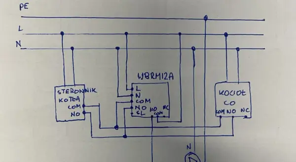 Schemat podłączenia pompy CO do sterownika WBRM12A. Widoczny sterownik kotła, moduł WBRM12A i kocioł.