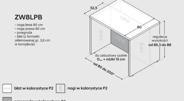 Wizualizacja wyspy w kuchni z wymiarami: blat 80 cm, wysokość regulowana 85,3-86 cm. Idealna do zabudowy szafek.