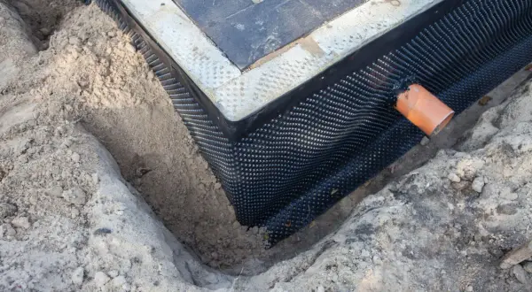 Widoczne są przepusty w fundamencie, zabezpieczone membraną kubełkową i rurą drenarską, gotowe do zasypania piaskiem.