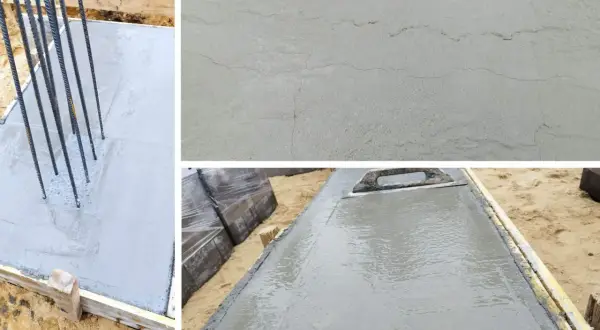 Na ławach fundamentowych widać świeży beton z prętami zbrojeniowymi oraz drobne rysy skurczowe na powierzchni.