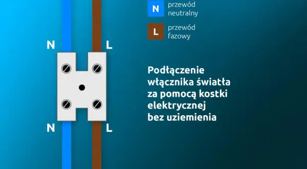 Schemat podłączenia przewodów w puszce pod wyłącznik światła: niebieski (N) i brązowy (L) w kostce elektrycznej.