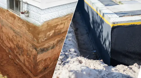 Przed i po: stara, wilgotna ściana fundamentowa obok nowej, zabezpieczonej folią fundamentową.