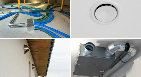 System wentylacji mechanicznej z rekuperatorem, widoczne przewody, skrzynka rozdzielcza i anemostaty na suficie i ścianie zewnętrznej.