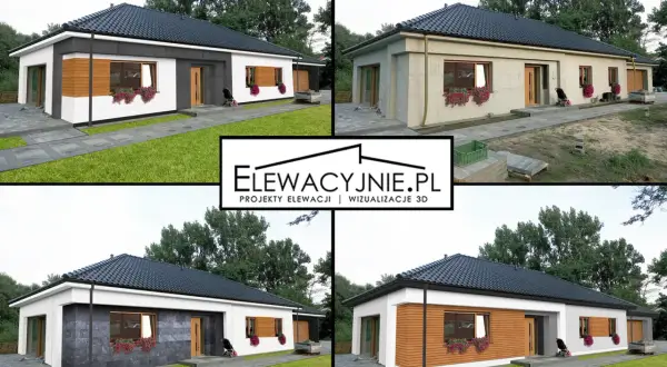 Cztery wizualizacje domu z grafitowym dachem i oknami w kolorze złoty dąb. Różne propozycje elewacji: biała z drewnem, jasny tynk, ciemny kamień, drewniana.