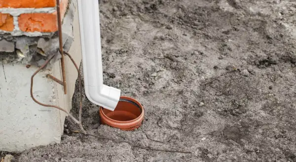 Biała rura spustowa odprowadza wodę do ceramicznej studzienki. Widać fragment ceglanego muru i betonowego cokołu.