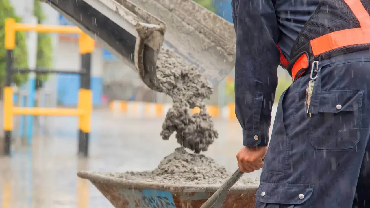Robotnik w deszczu wylewa świeży beton do taczki. To właśnie jest beton – mieszanka cementu, kruszywa i wody.