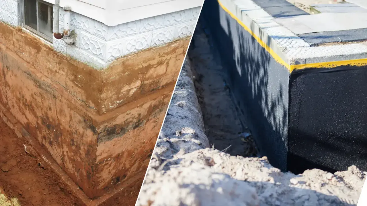Przed i po: stara, wilgotna ściana fundamentowa obok nowej, zabezpieczonej folią fundamentową.