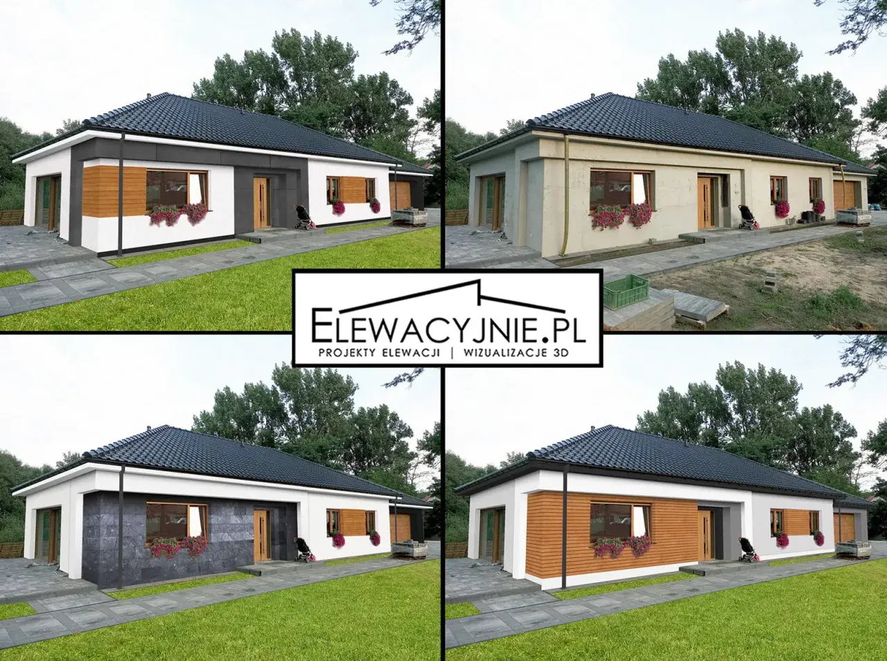 Cztery wizualizacje domu z grafitowym dachem i oknami w kolorze złoty dąb. Różne propozycje elewacji: biała z drewnem, jasny tynk, ciemny kamień, drewniana.