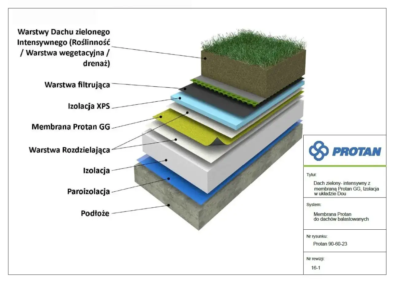 Przekrój dachu zielonego intensywnego z warstwami: podłoże, paroizolacja, izolacja, membrana Protan GG, izolacja XPS, warstwa filtrująca i roślinność.