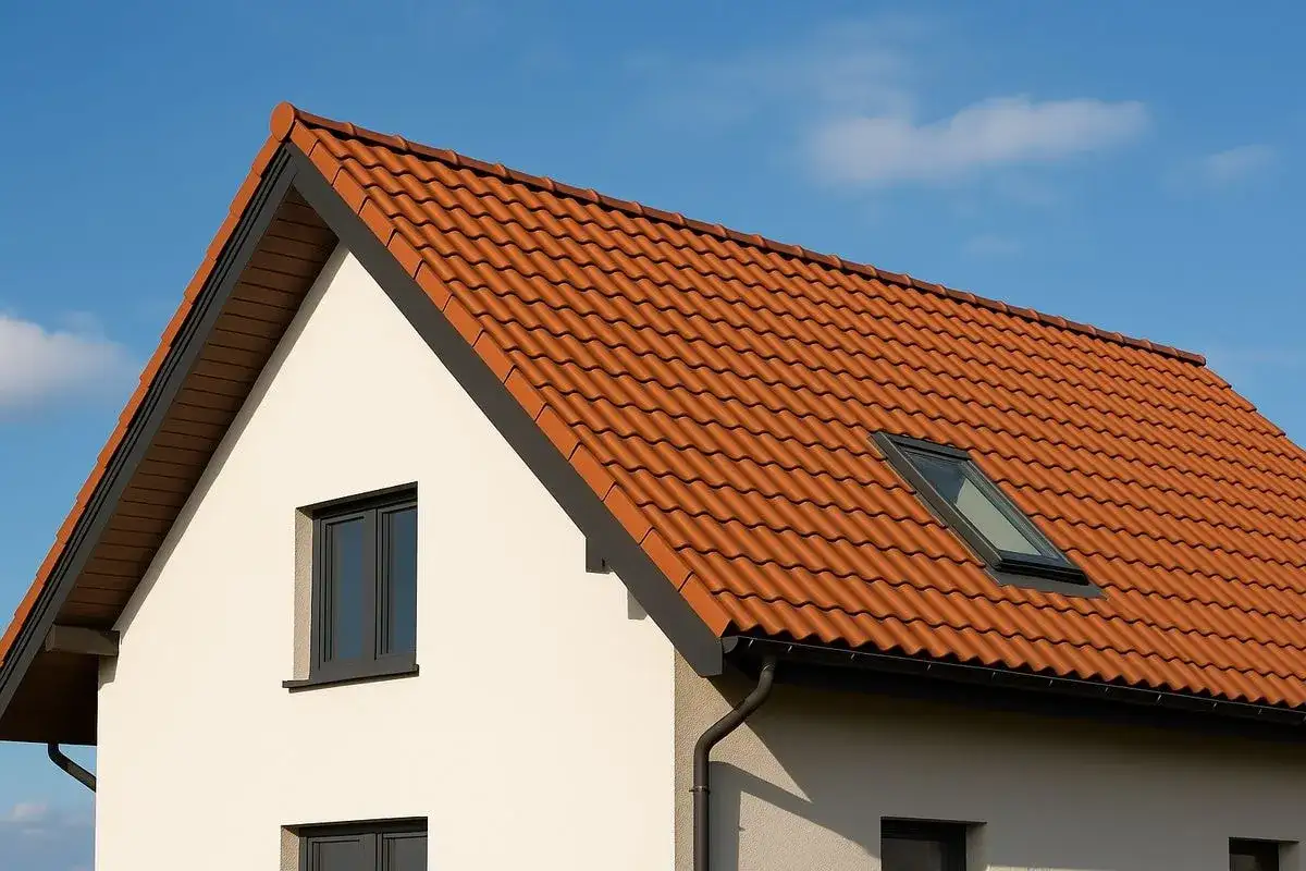 Niesymetryczny dach dwuspadowy z dachówką ceramiczną i oknem połaciowym.