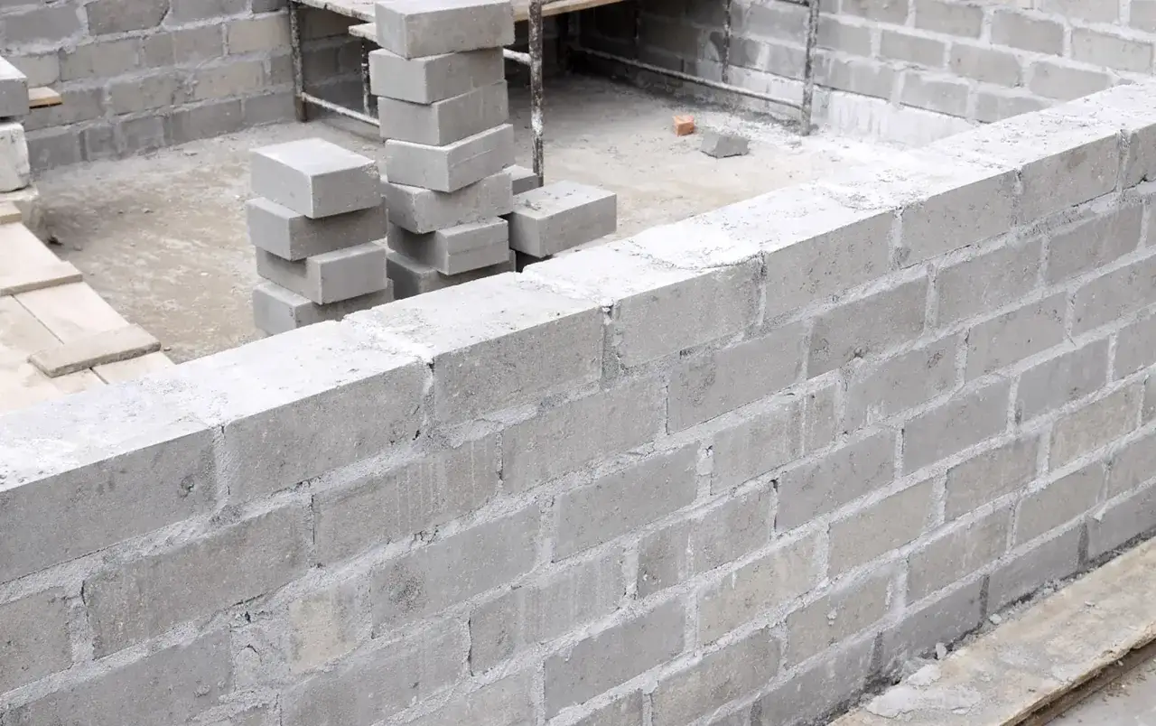 Budowa fundamentów z bloczków betonowych. Stos szarych bloczków betonowych fundamentowych czeka na ułożenie.