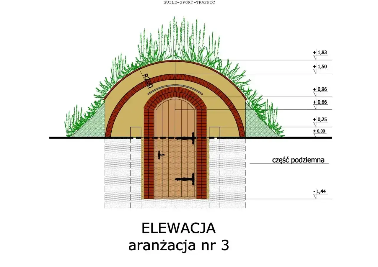 Projekt piwniczki ziemnej, która może służyć jako naturalna lodówka. Schemat pokazuje konstrukcję z drewnianymi drzwiami i zielonym dachem.