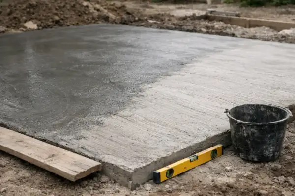 Świeżo wylany beton na placu budowy, obok wiadro, poziomica i deska.