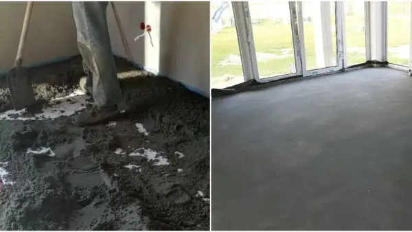 Praca z suchą zaprawą cementową na budowie. Po lewej widać proces rozkładania materiału, po prawej gotową, równą posadzkę.